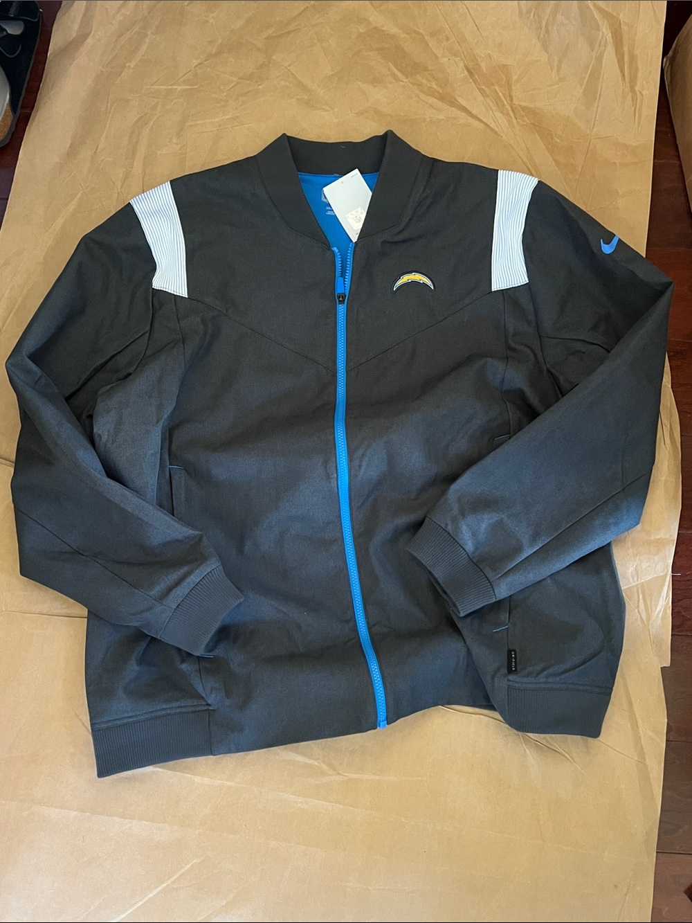 Nike Chargers NFL Bomber Jacket with Blue Zipper and White Shoulder Accents XXL